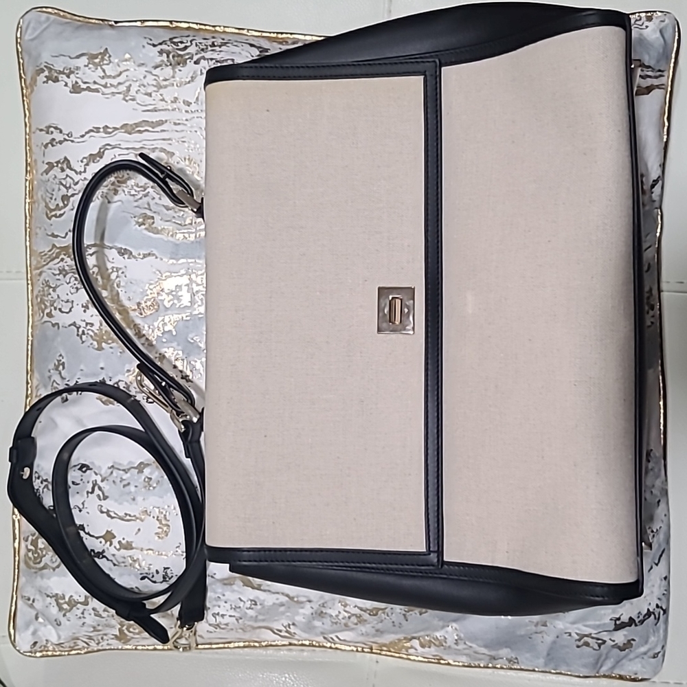 Hugo Boss Briefcase Purse, 10×12in, cream linen & black leather, gold hardware.
